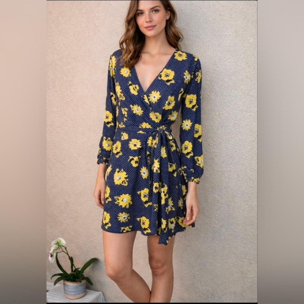 Banana Republic Navy Wrap Dress with Yellow Floral Print Size 12 (6318)